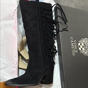Vince Camuto Black- wide calf Knee Fringe Boots